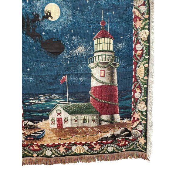 Christmas Lighthouse Woven Tapestry Throw Crown Crafts 58" X 48" Coastal Holiday - Picture 3 of 8